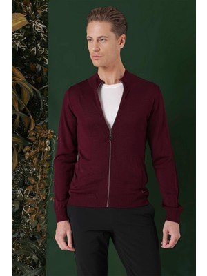 Efor Slim Fit Ribanalı Bordo Yünlü Fermuarlı Hırka Triko Kazak TR 860