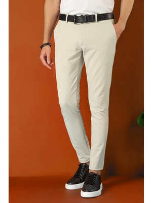 Efor Erkek Slim Fit Yan Cepli Düz Esnek Casual Taş / Kırık Beyaz Pantolon P 1144