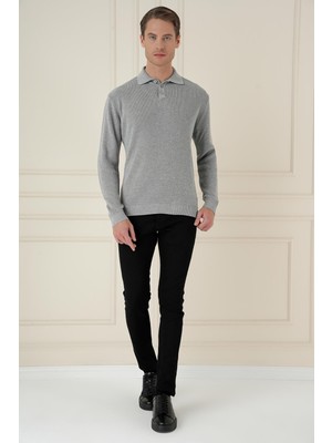 Fitilli Dokuma Düğmeli Polo Yaka Gri Triko Kazak Tr 887
