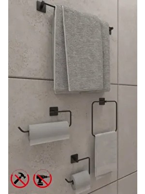 Jasmin Kare Siyah Yapışkanlı 4'lü Banyo Seti - Kağıtlık, Solo Havluluk, Kare Havluluk, Uzun Havluluk