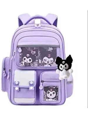 Queviliy Kuromi Çok Bölmeli Suni Deri Kore Tarzı Okul Çantası Aksesuarlı Büyük Kapasite