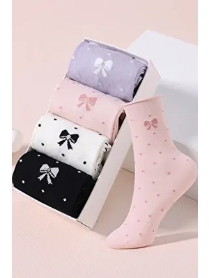 Bgk Kurdale Desenli Renkli Kadın Soket Çorap 4 Çift Örme Desenli Çok Renkli Kutulu Paket