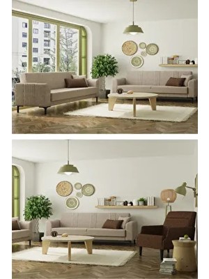 ModaLife Mitra Yataklı Koltuk Takımı Soho Kumaş Modern Tasarım 3+3+1 Krem Kahve