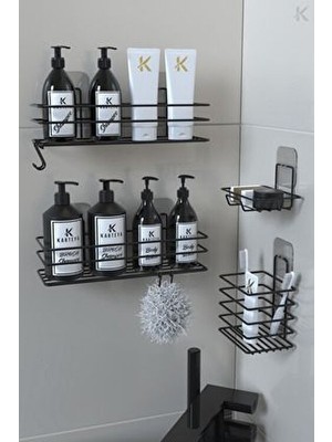 Karteya Paslanmaz Çelik Siyah Metal Banyo Rafı Düzenleyici 4'lü Set Kancalı Tasarım ile Kullanım Kolaylığı