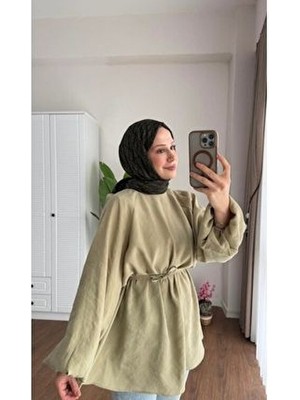 Moonsc Kadın Balon Kol Bel Bağlamalı %100 Pamuk Bisiklet Yaka Standart Beden Haki Tesettür Gömlek