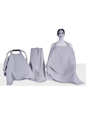 Emzirme Önlüğü-Puset Örtüsü-Battaniye 3lü Set Düz Gri %100 Pamuklu Müslin Kumaş