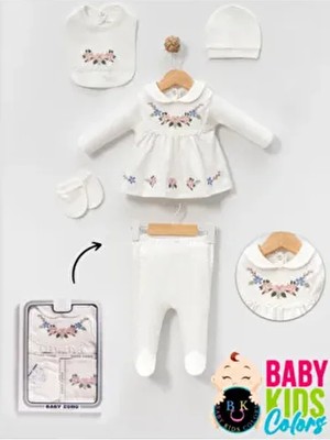 Kutulu- Bebek Yaka Yenidoğan Kıyafetleri 5'li Hastane Çıkış Setleri Nakışlı Penye Zıbın Seti