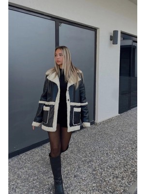 Kadın Içi Kürklü Kruvaze Yaka Siyah Deri Ceket Mont