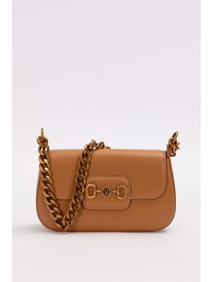 Kahve Geniş Zincir Aksesuarlı Omuz Çantası