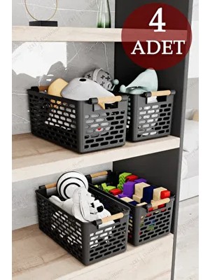 4 Adet Siyah Sepet | Ahşap Görünümlü Tutamaçlı Çok Amaçlı Sepet Organizer Düzenleyici Set