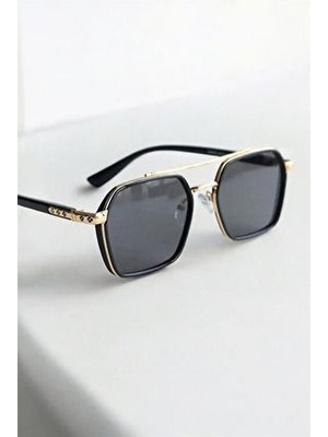 Macerati Ecş Unisex Siyah Kare Güneş Gözlüğü UV400 Metal Gold Sap ile Yazın Şıklığını Yakalayın