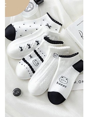 5 Çift Beyaz Happy Desenli Kısa Çorap