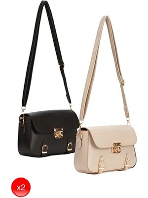 Adelina Bags Kadın Kilit Detaylı Suni Deri Siyah ve Bej Omuz Çantası 2 Çanta Basic Koleksiyonu