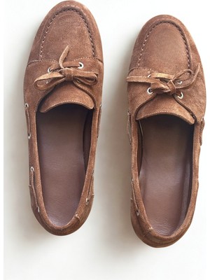 Taba Süet Hakiki Deri Bağcıklı Makosen Kadın Kolej Loafer