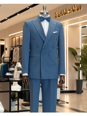 Italyan Stil Kruvaze Ceket Pantolon Takım Elbise Petrol T14194