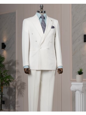 Italyan Stil Kruvaze Ceket Pantolon Takım Elbise Ekru T14195