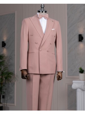 Italyan Stil Kruvaze Ceket Pantolon Takım Elbise Pembe T14198
