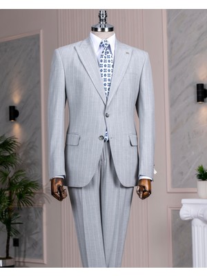Italyan Stil Slim Fit Sivri Yaka Ceket Pantolon Takım Elbise Gri T14256