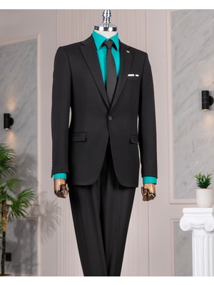 Italyan Stil Slim Fit Ceket Pantolon Takım Elbise Siyah T14391