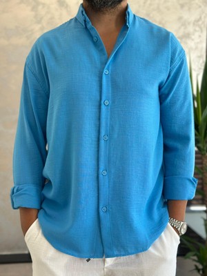 Erkek Oversize Kesim Keten Gömlek  Mavi  ECA007