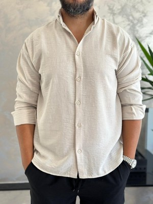 Erkek Oversize Kesim Keten Gömlek Bej ECA007
