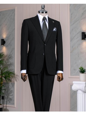 Italyan Stil Slim Fit Ceket Pantolon Takım Elbise Siyah T14156