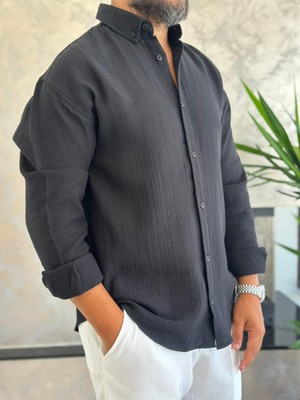 Erkek Oversize Kesim Keten Gömlek Siyah ECA007