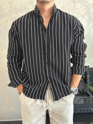 Erkek Oversize Kesim Çizgili Gömlek Siyah ECA009