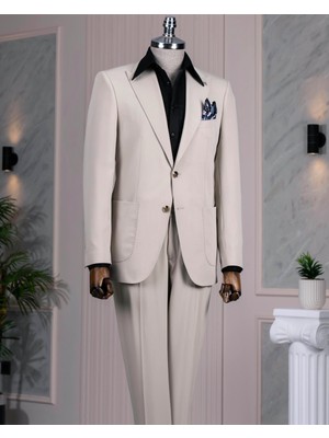 Italyan Stil Slim Fit Ceket Pantolon Takım Elbise Bej T14153
