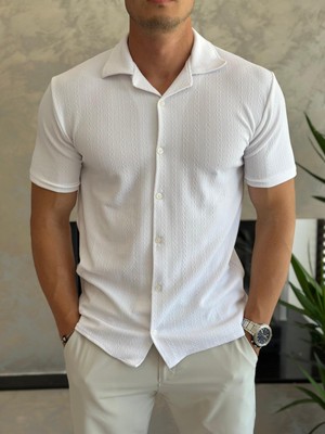 Erkek Slim Fit Dokulu Pamuklu Kısa Kol Gömlek Beyaz  ECA011