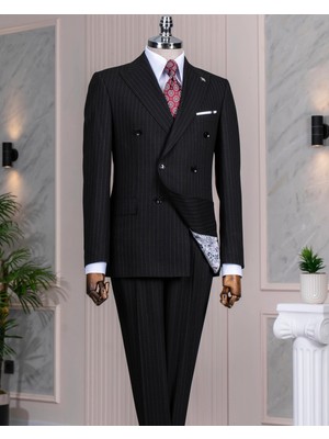 Italyan Stil Kruvaze Ceket Pantolon Takım Elbise Siyah T14023