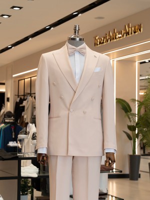 Italyan Stil Kruvaze Ceket Pantolon Takım Elbise Bej T14197