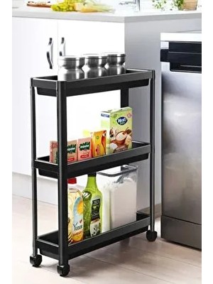 Tekerlekli Raf Ünitesi 3 Katlı Siyah Banyo Rafı Mutfak Rafı Servis Sehpası Organizer
