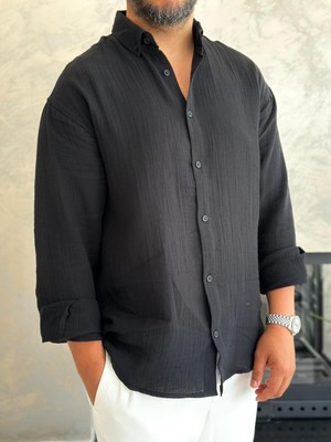 Erkek Rahat Kesim Premium Keten Gömlek Siyah ECA010