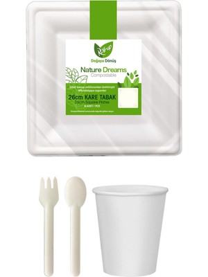 Ekolojik Kare 26 Cm. 96 Kişilik Parti Piknik Sofra Sunum Seti - Tabak Bardak Çatal Kaşık Takımı