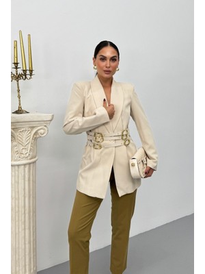 Kadın Blazer Ceket Şık Kruvaze Yaka Vatkalı Gold Kemer Detaylı Ceket