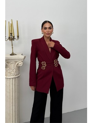 Kadın Blazer Ceket Şık Kruvaze Yaka Vatkalı Gold Kemer Detaylı Ceket