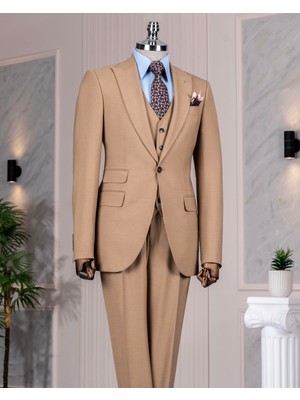 Italyan Stil Slim Fit 8 Drop Ceket Yelek Pantolon Takım Elbise Camel T12632