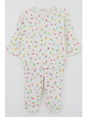 Breeze Kız Bebek Pijama Takımı Omuzdan Patlı Renkli Çiçek Desenli 4 Ay-1 Yaş, Ekru