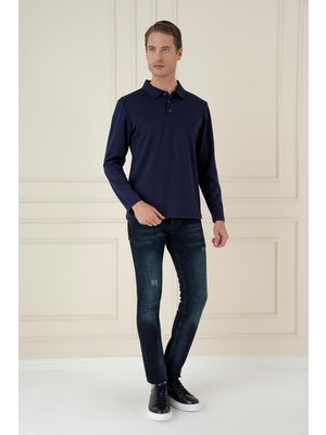 Efor Erkek Slim Fit Pamuklu Uzun Kollu Düğmeli Lacivert Polo Yaka Tişört TS 893