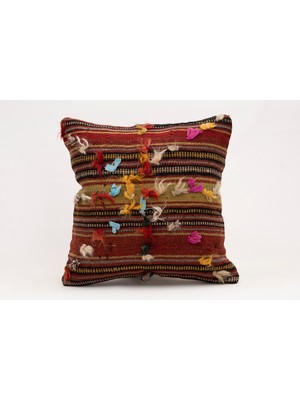 El Yapımı Kilimden Yapılmış Vintage Kırlent Kılıfı, Yün, 40X40 cm