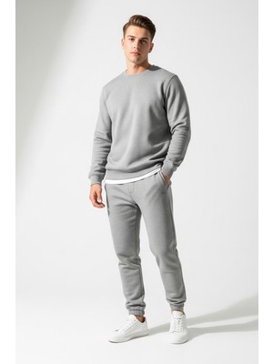 elemge Pamuklu Erkek 2'li Eşofman Takımı Gri Regular Fit Ipli Cepli 3 Iplik Lastikli Paça Sweatshirt + Eşofman Altı Nefes Alan