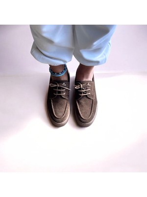 Kahve Süet Hakiki Deri Kadın Günlük Rahat Bağcıklı Ayakkabı