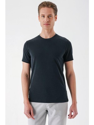 Slim Fit Bisiklet Yaka Pamuklu Siyah Tişört Ts 880