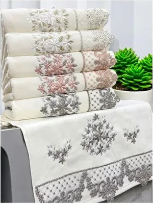 6 Lı Kadife Lüks Fransız Güpürlü Sırma Işlemeli Çeyizlik 50X90 El ve Yüz Havlusu