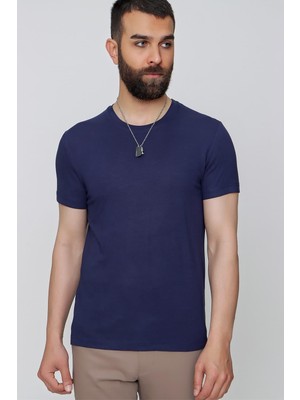 Slim Fit Bisiklet Yaka Düz Pamuklu Lacivert Tişört Ts 823