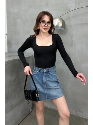 Kadın Bluz Uzun Kollu Kare Yaka Alttan Çıtçıtlı Slim Fit Body
