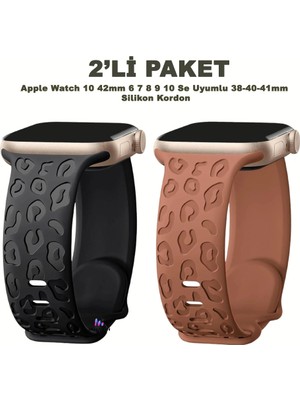Apple Watch 10 42MM – 6 7 8 9 10 Se Uyumlu 38-40-41MM Leopar Desenli 2'li Silikon Kordon Seti