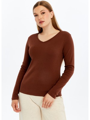 Defy's Vals Kadın Nefes Alan %100 Pamuk Doğal Kumaş Rahat kalıp V Yaka Uzun Kollu Koyu Kahve Tişört