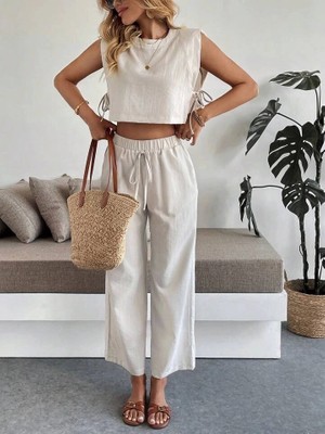 Yandan Bağlama Detaylı Pantolonlu Takım Bej